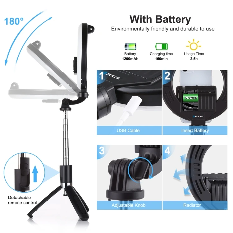 PULUZ 6.3 inch 16cm Ring LED Live Broadcast Vlogging Selfie Light + Wireless Selfie Stick Tripod Mount