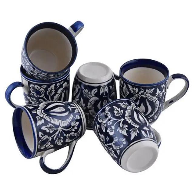 Latest Design Handicraft High Quality Pottery Specially designed Blue Pottery Mugs Indian Blue Pottery Coffee And Beer Mugs