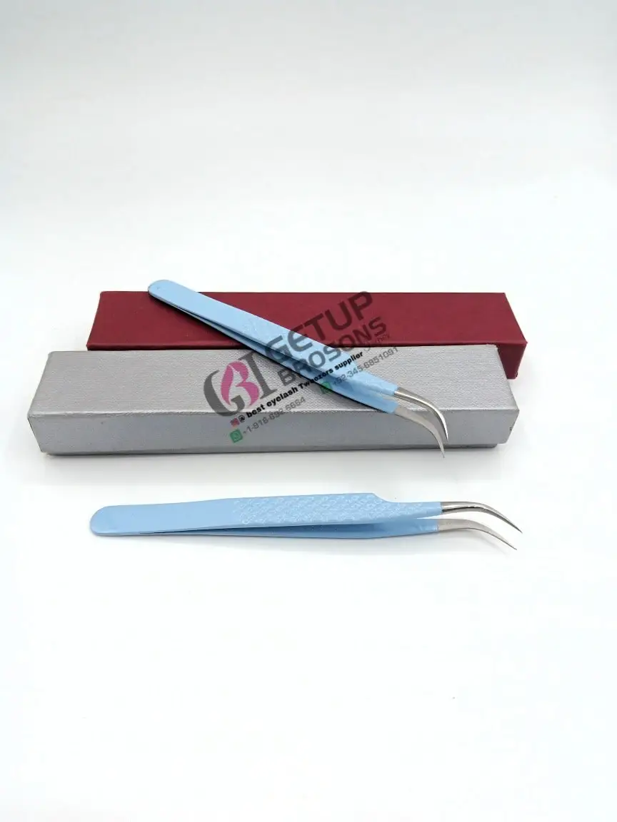 High Quality Best Design Curved Sky Blue Powder Coating Diamond Grip Eyelash Extension Tweezer Stainless Steel Beauty Instrument