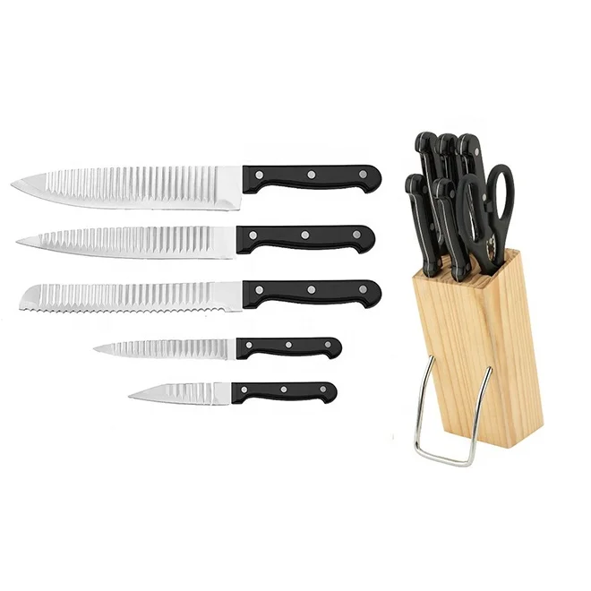 
Yangjiang Factory full tang wavy blade knife Set with Wooden Knife Block Chef knife & scissors, potato cutting Wavy Edged 