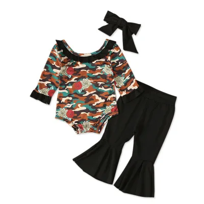 2019 Fashion Autumn 3PCS Newborn Baby Girls Clothes Camouflage Romper +Flare Pants+Headband  Outfits Clothes 0-24M