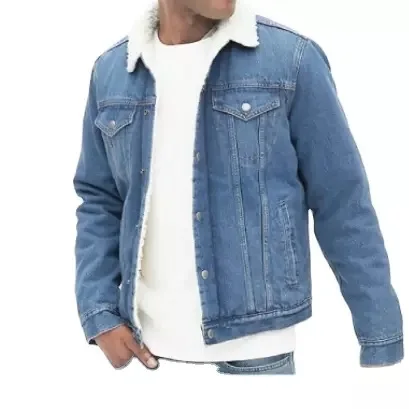 Fancy light blue casual bomber streetwear men jean denim jacket Custom Top Quality Faux Fur Denim Jacket