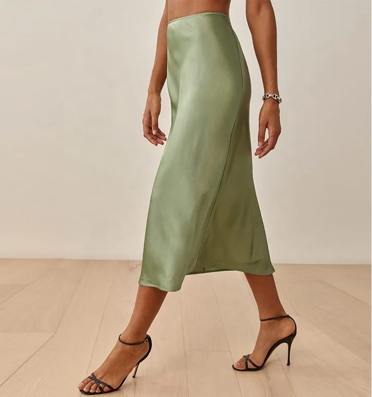 Elegant Ladies Office Midi pencil skirt Women High Waisted Summer Long Skirt Solid Satin Silk Skirt.jpg