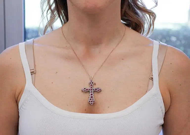 
Diamonds, Rubies, 9 Karat Rose Gold and Silver Pendant Necklace 