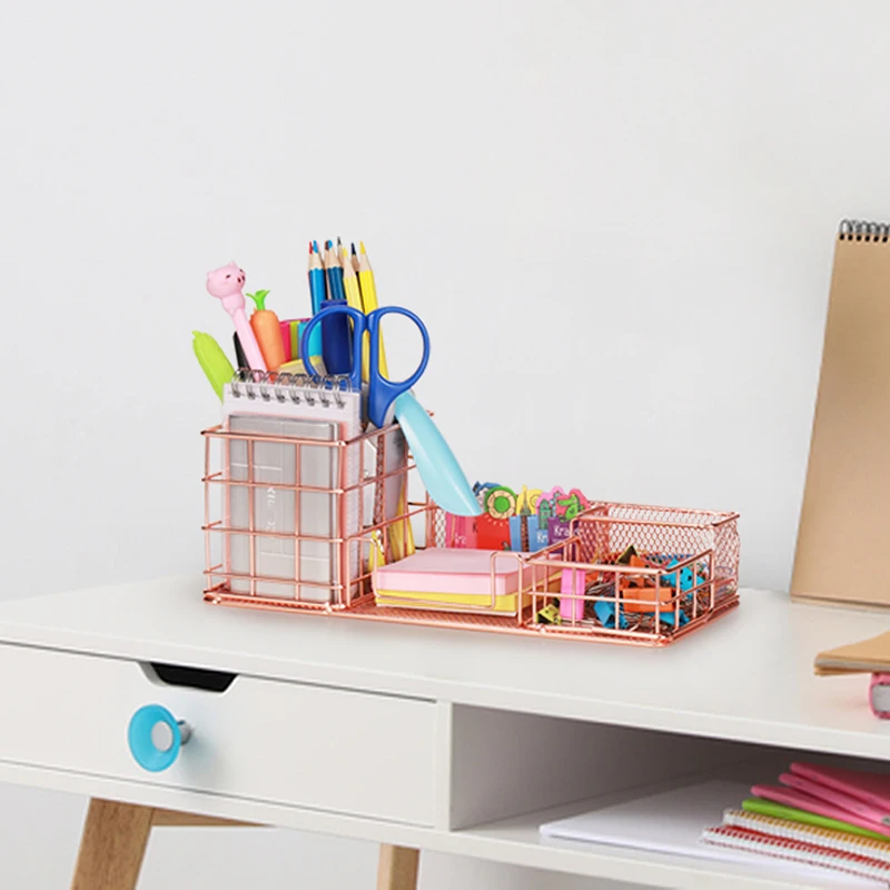 Comix Rose Gold Metal Mesh Office Desk Organizer with Pen Holder Business Card Holder and Sticky Note Holder