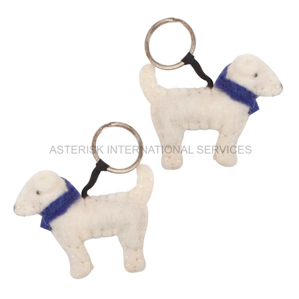Handmade 100% Wool Eco-friendly Dog Keyring White Felt Pet Accessory with Metal Hobby Craft Gift for Dog Lovers