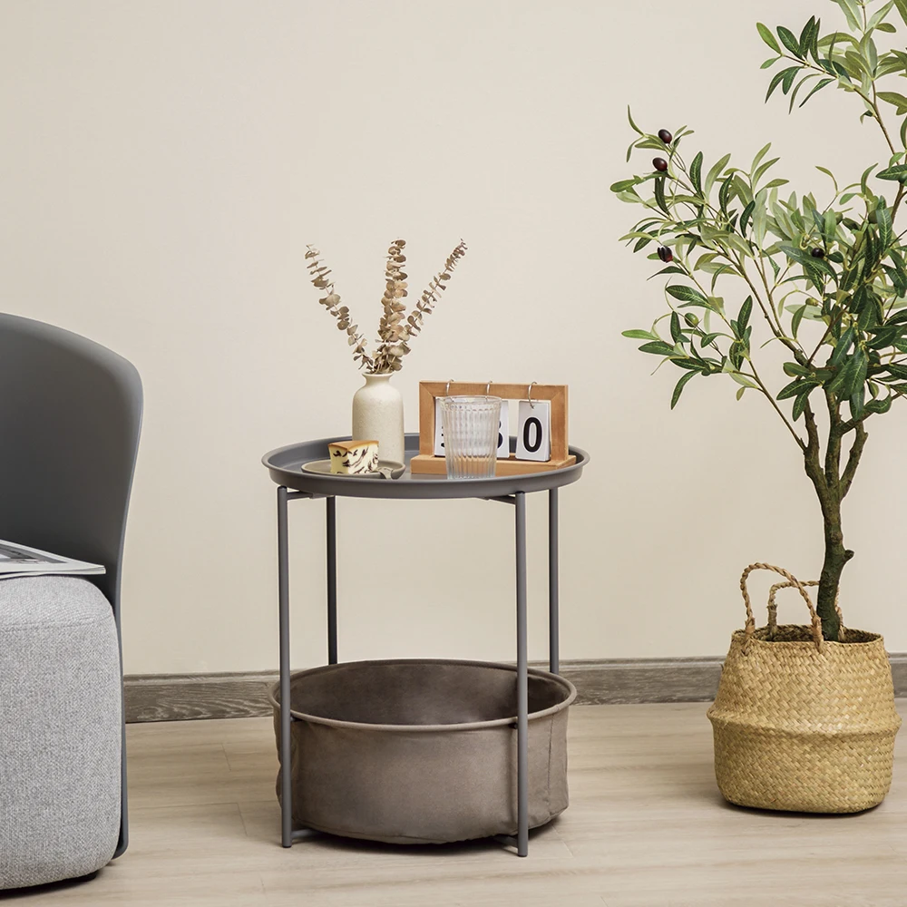 Современный компактный круглый Диванный боковой столик с холщовой корзиной для хранения