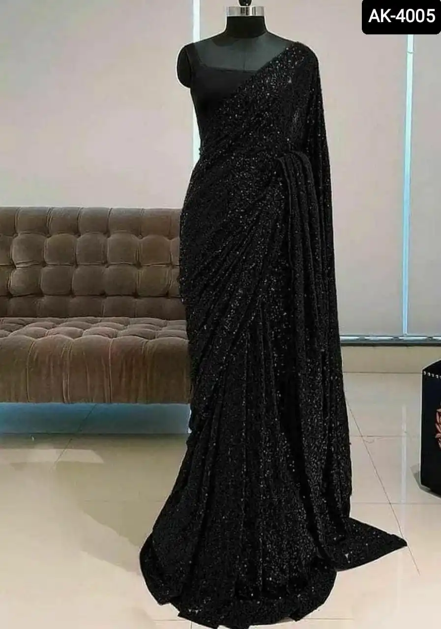 Indian Style Ethnic Wear Georgette Material Sequence Work Saree with Heavy Bangloriy Silk Lace Sequence Border Blouse for Women