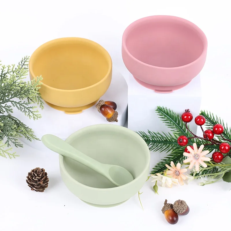 BPA Free Bol De Silicone Feeding tableware Waterproof New Suction Silicon Bibs And Bows Set Baby Silicone Bowl with Lid