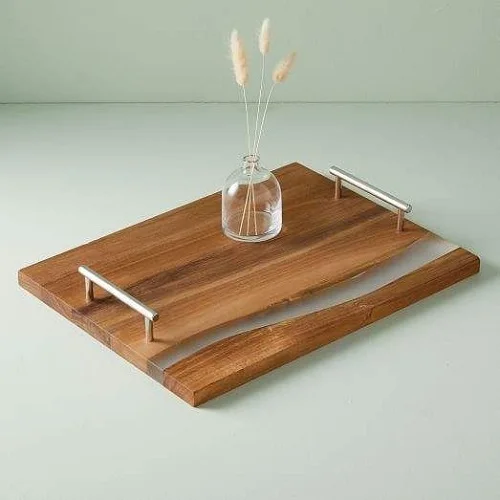 Wholesale Diy Epoxy Resin River & Acacia Wood Serving Tray With Metal Handle Hotels & Restaurant Kitchenware Coffee Table Tray