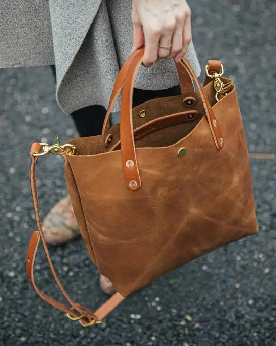 Cognac Mini Tote For Girls Real Leather Small Tote Bag For Ladies Christmas Gift Small Size Tote For Women