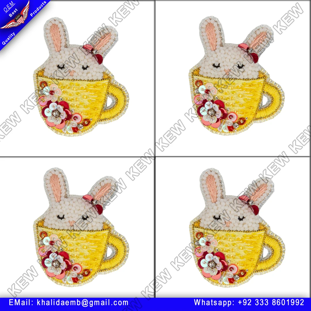 custom embroidery beaded brooch white bunny custom embroidery  brooches handmade party wedding USA UK Europe