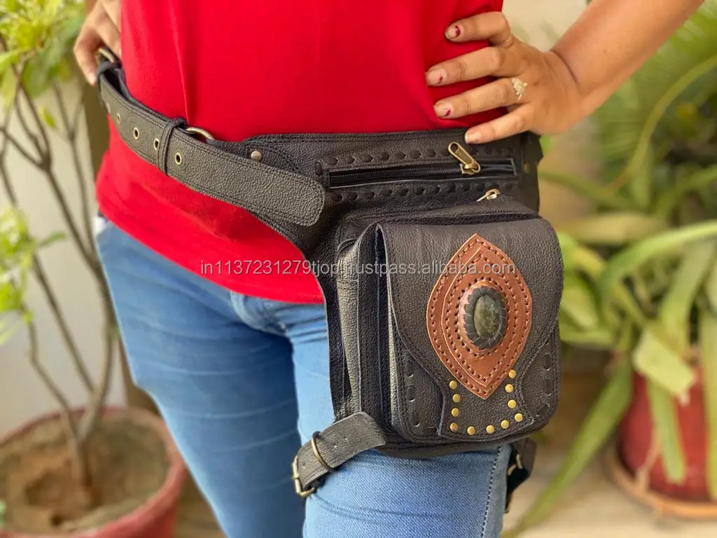 Unisex Motorcycle Hip Pocket Belts Travel Belts Waist Pocket Bum Bags Leather Biker  Belts