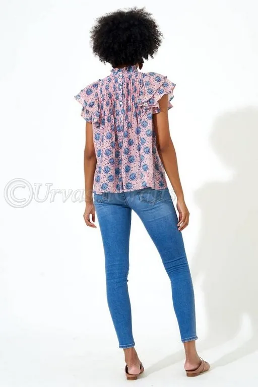 Vintage Color Block Printed Short Ruffle Sleeves Back Button Down Clothing Plus Size Summer Tops Blouse Shirts Blouses For Women