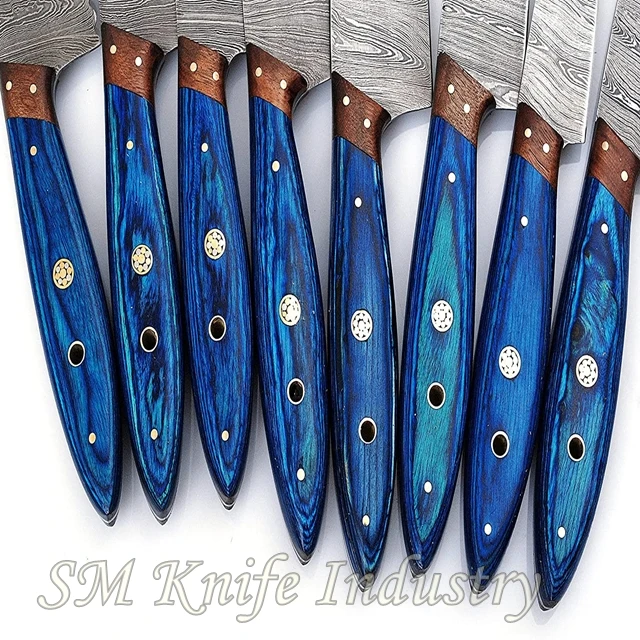 Chef Knives Set with Leather Kit Round Handle Damascus 8 Pieces DAMASCUS Steel Kitchen Cutting Foods Chopping Meat