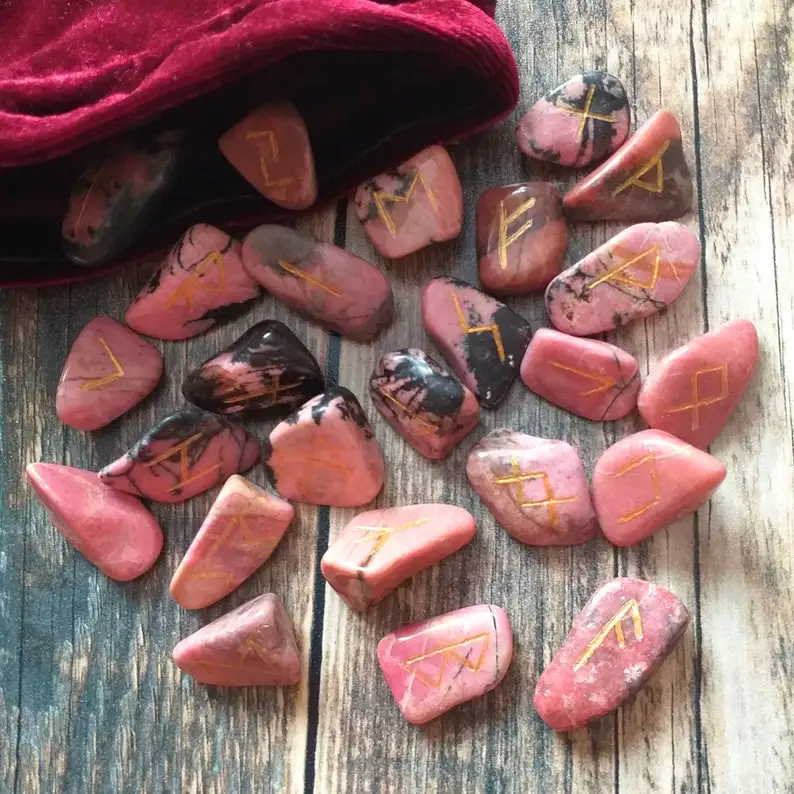 Rhodonite 25 Pcs Crystal Elder Futhark Rune Set Reiki Healing Chakra Balance Engraved Letter Handmade Gemstone Alfazal Agate