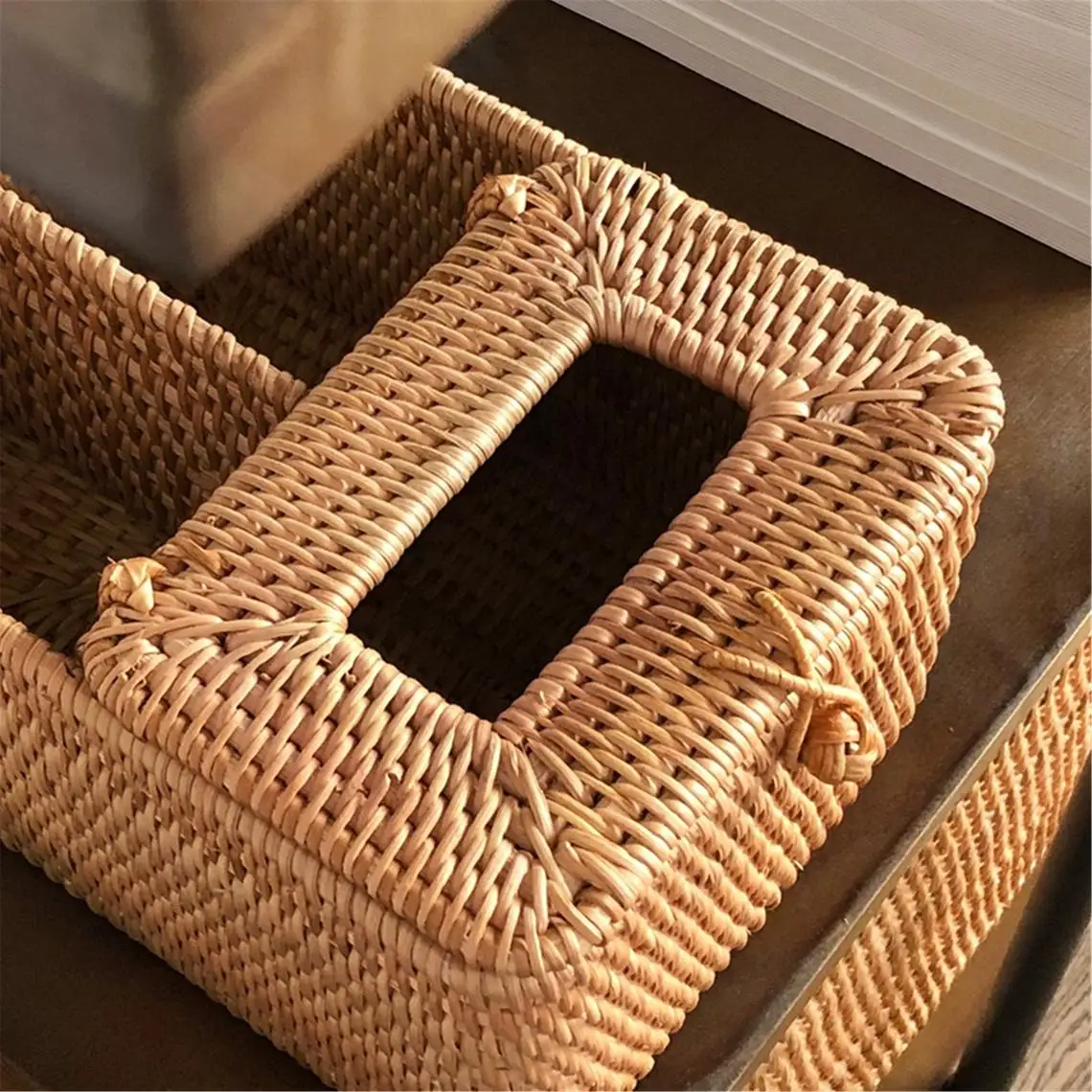 100% natural rattan napkin holder rattan tissue box wicker separated storage basket with lid made in Vietnam