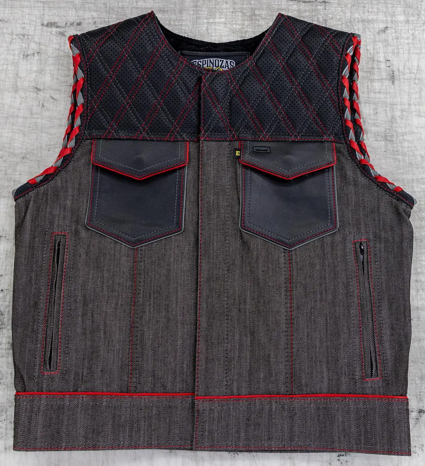 Mens Biker Style Denim Club Vest Side Lace Waistcoat With Real Leather Trim Motorcycle Vest for Men