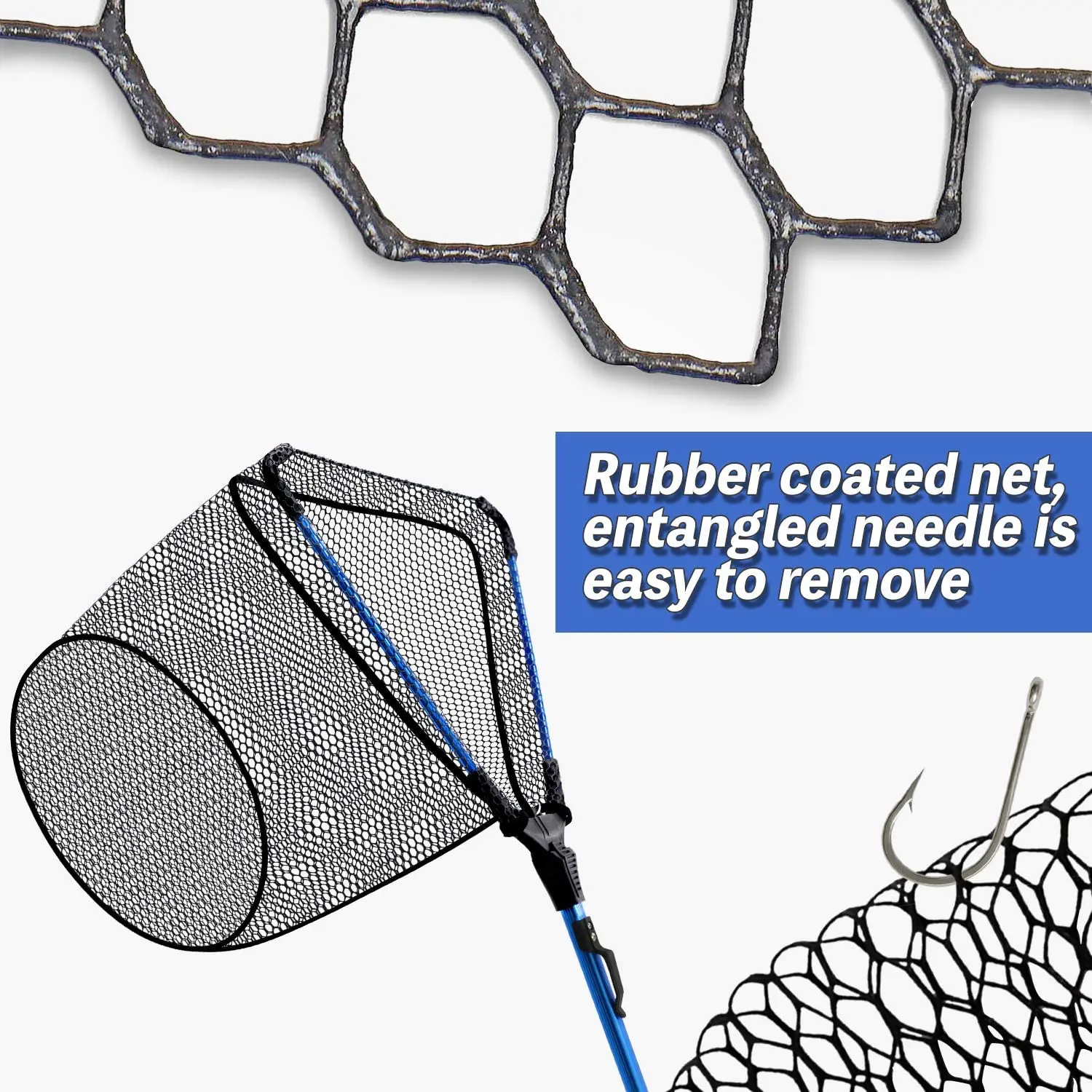 Folding Landing Net Collapsible Fishing Nets with Telescopic Pole Handle Rubber Coating Knotless Mesh