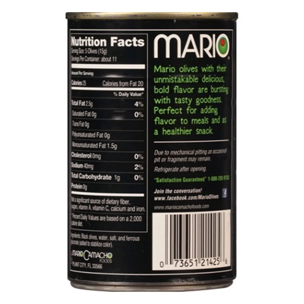 Mario Camacho 6.oz Ripe Pitted Medium Low Sodium Perfect Flavor For Meals And Healthier Snack Black Olives