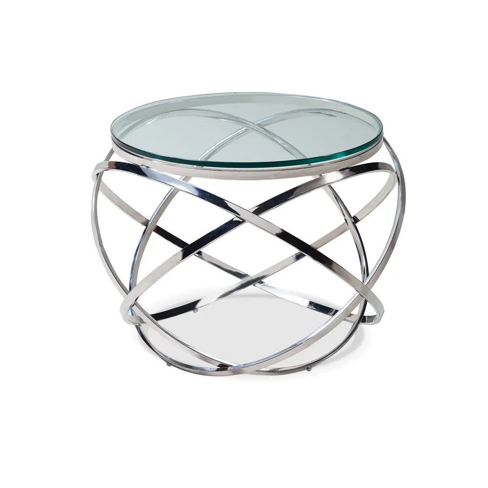 Living Room Furniture Clear Glass Chrome Steel Frame Circular Contemporary Modern Fixed Top Table Coffee Table