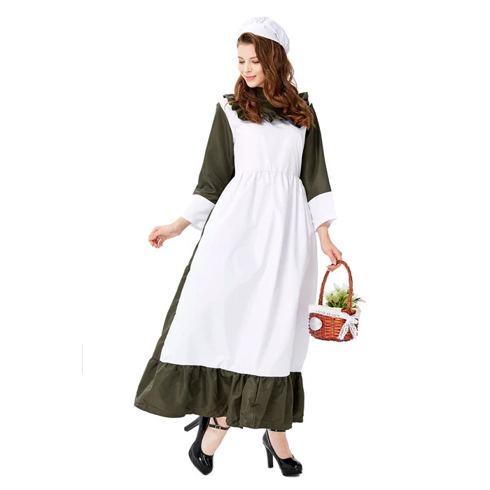 
Women Sexy Long Maid Halloween Costume French Maid Uniform Dress 