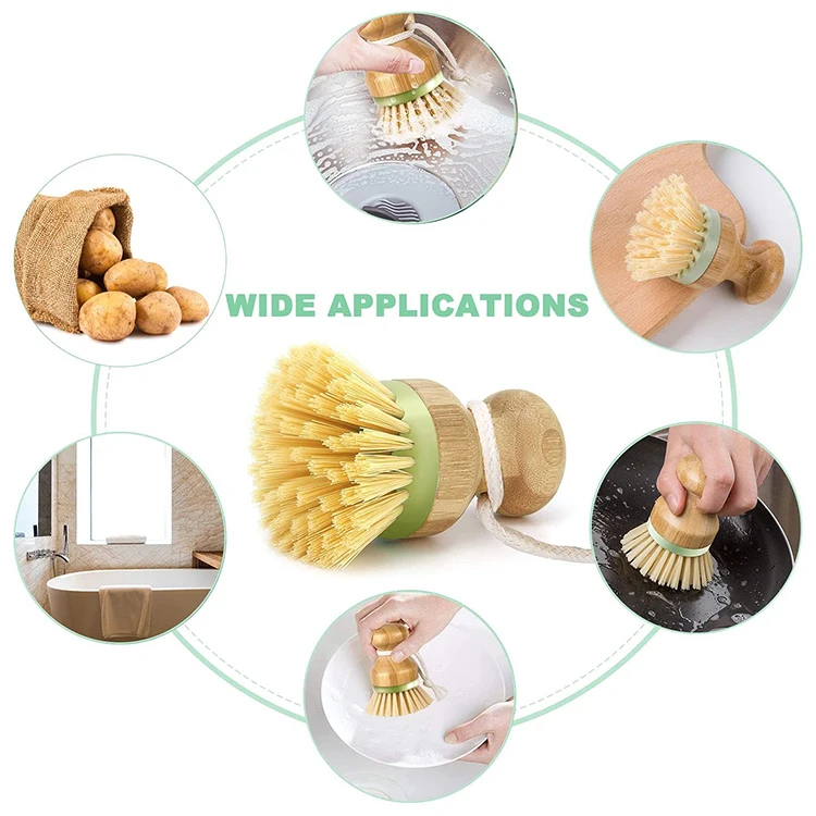 Household Cleaning Bamboo Mini Scrub Brush Coconut Bristles Pot Brushes Dish Scrubber for Kitchen Sink, Bathroom