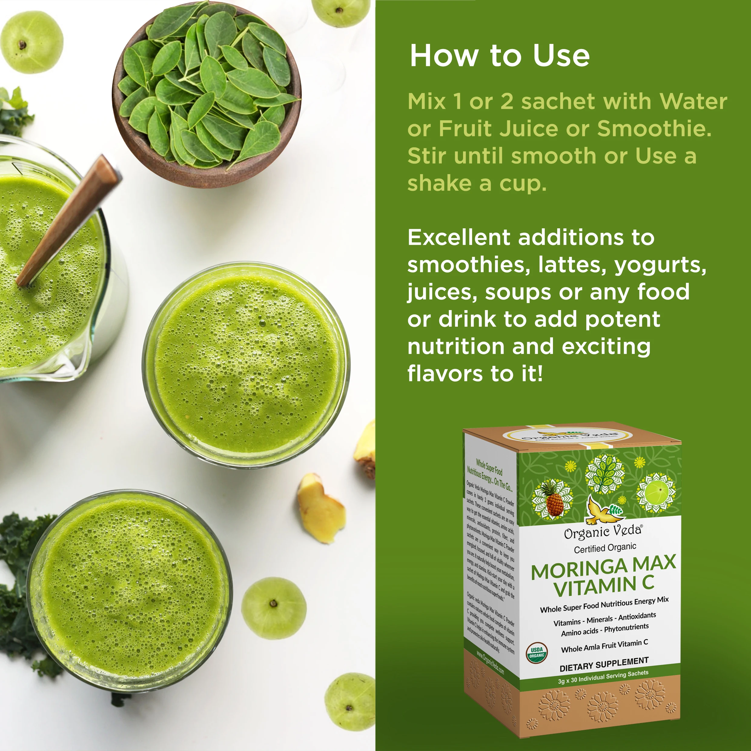 Certified organic Moringa Max Vitamin C energy drink sachet made with moringa, fresh amla fruits and pineapple