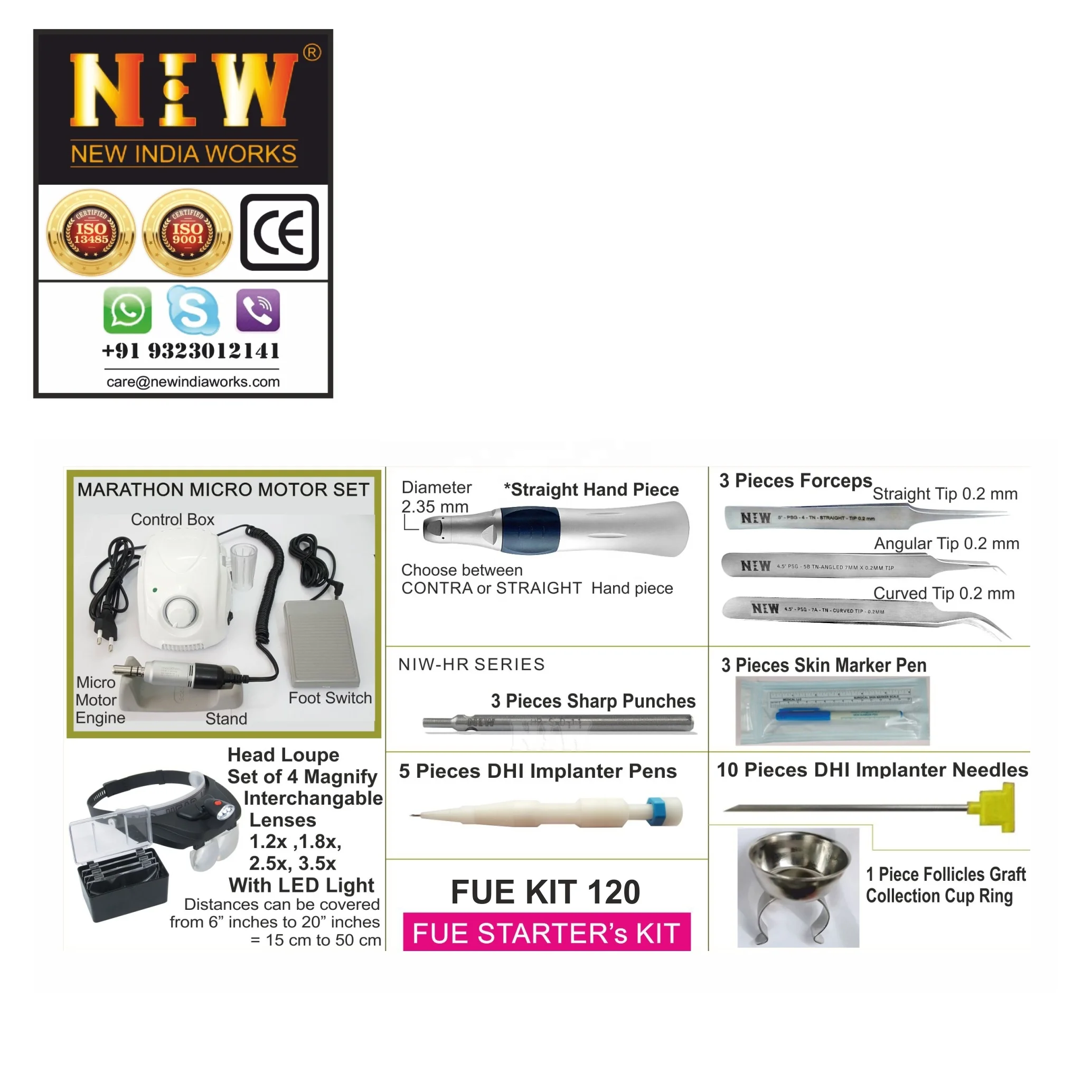 Hair Transplant Fue Machine FUE KIT 120 Instrument Punch Implanter Micro Motor