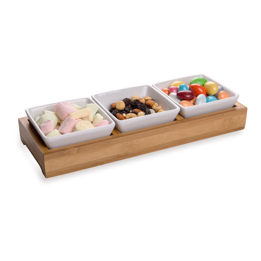 
6 oz Rectangle White Porcelain Modern Bowl Set - 3 Bowls, Bamboo Tray - 11 3/4