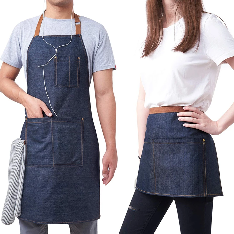 Adjustable Stylish Denim Bib Jean Aprons With 3 Pockets For Unisex