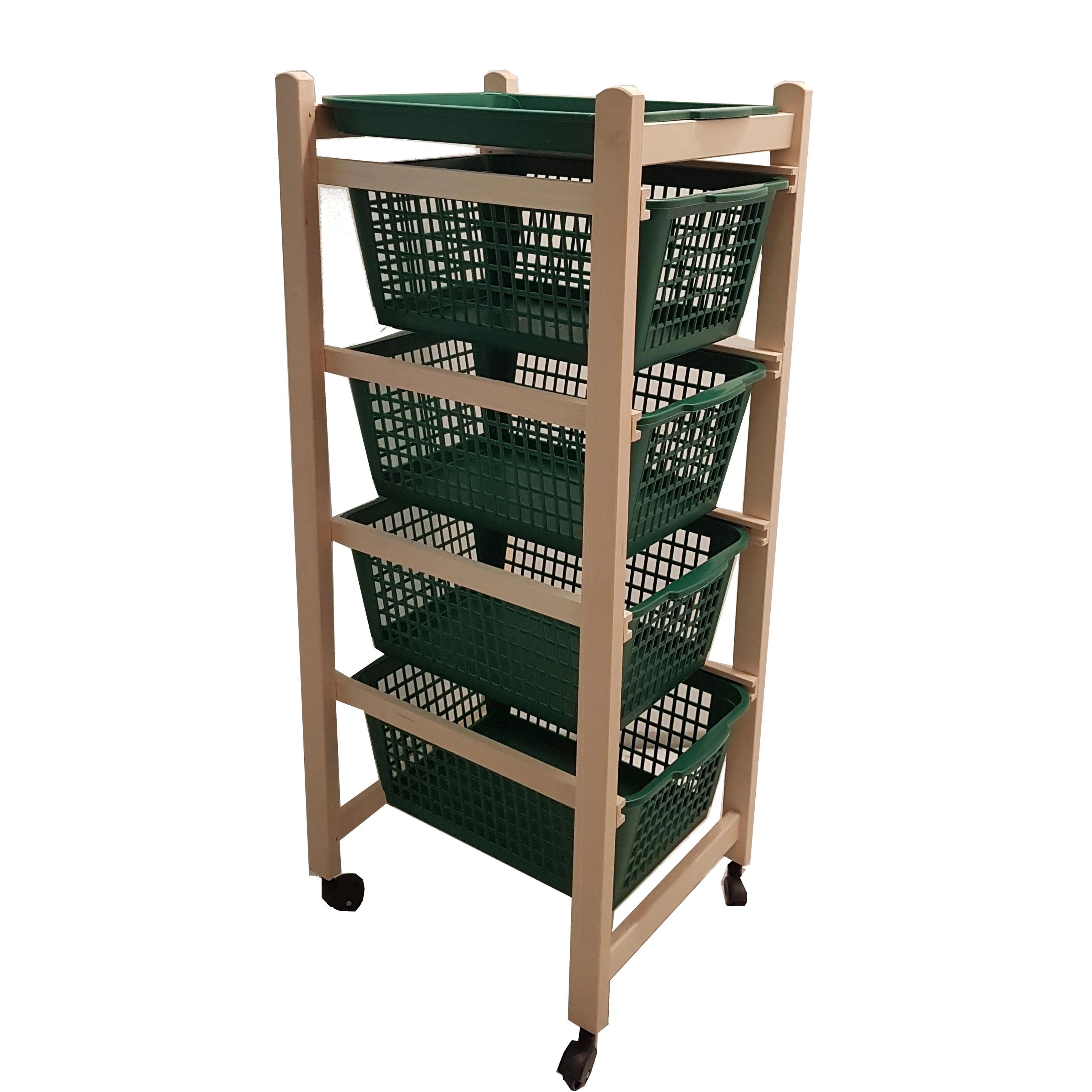 Premium quality Italian multiuse trolley for kitchen in wood natural color with 4 plastic baskets removable tray and castors