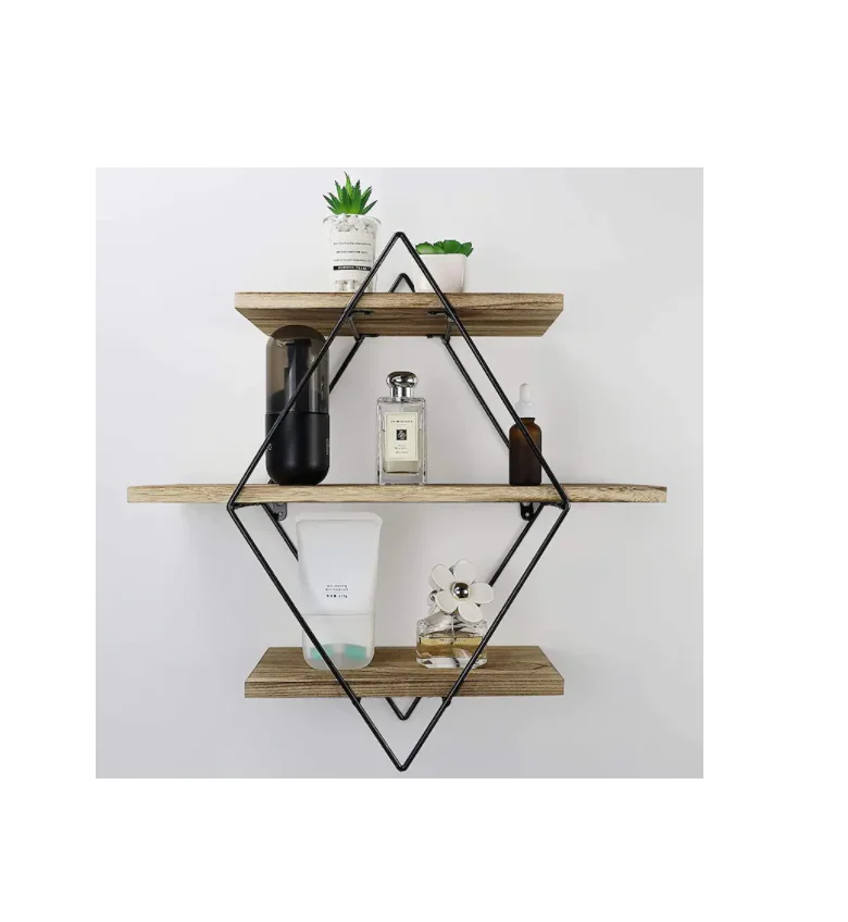 Wooden 3 Tier Wall Mounted Shelf Black Iron Natural Pine Carbonized Farmhouse Shelf for Bathroom Kitchen Wholesale Price India
