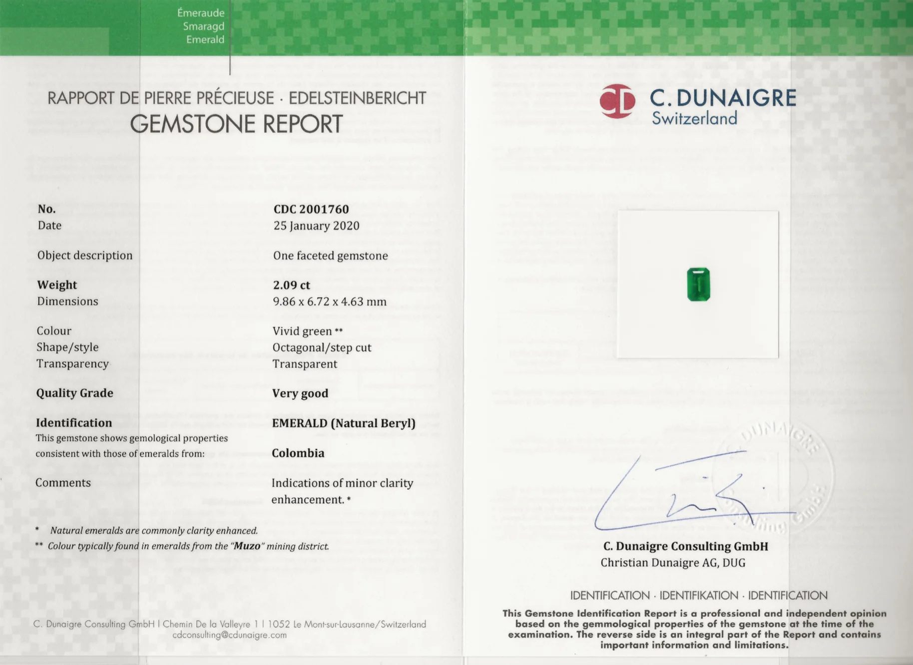 
TOP DELUXE SHADE VVS Green COLOMBIAN Emerald Emerald Shape Minor, CD Switzerland Lab Certified Loose Gemstone Precious Stone 