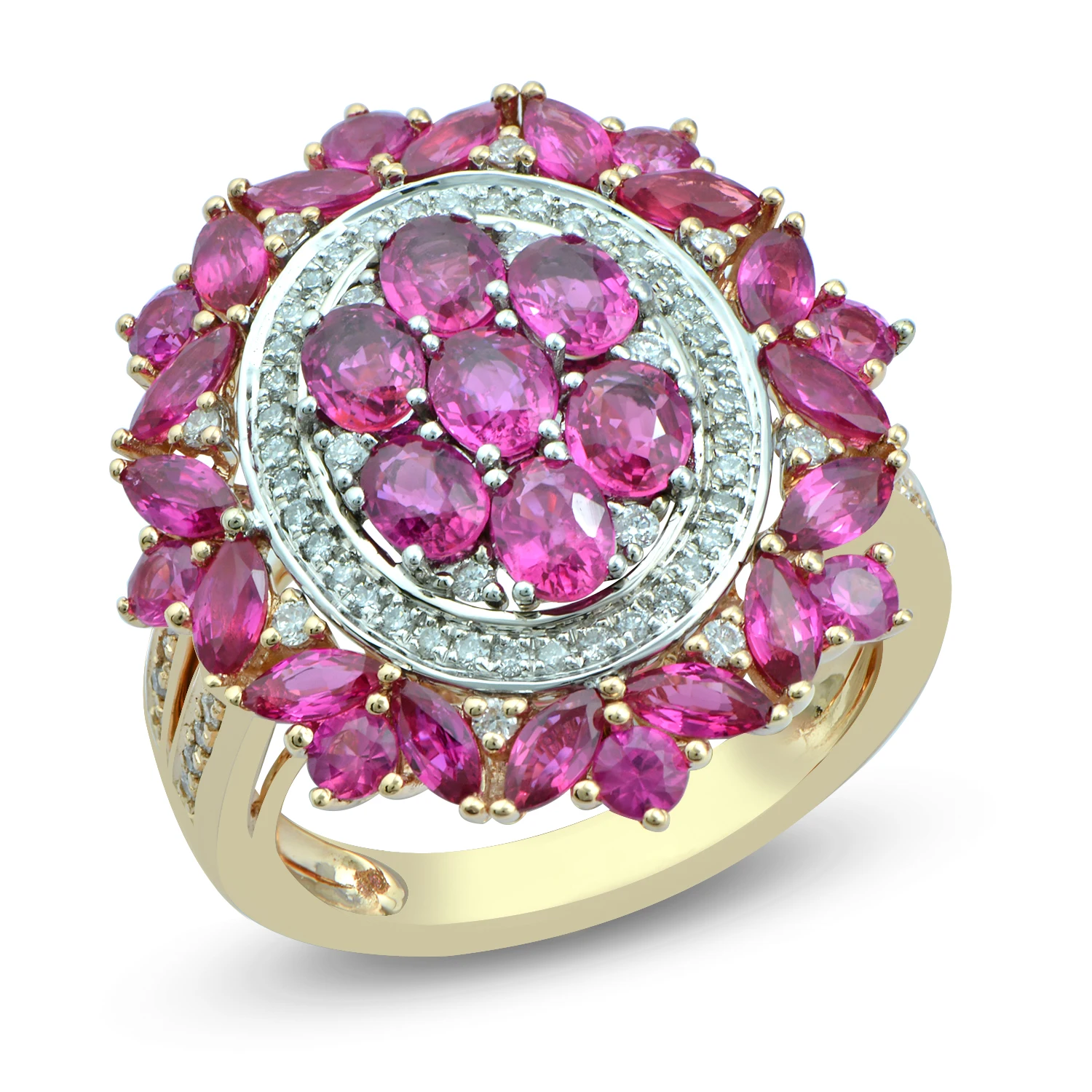 Magnetic Materials Two Tone Mesmerizing 18K White And Pink Gold Diamond And Ruby Ring