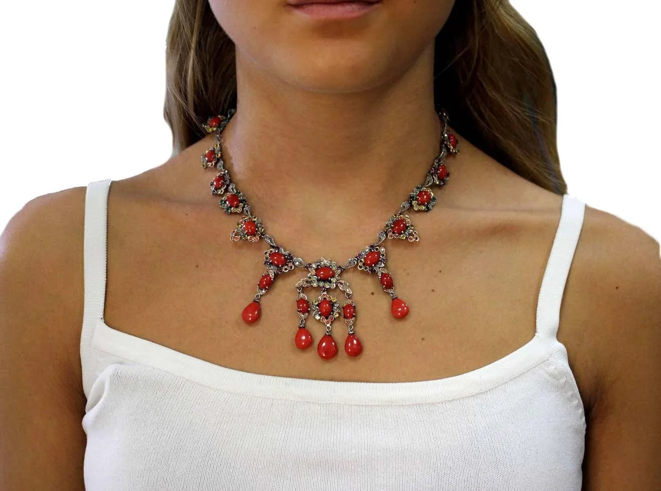 
Diamonds,Sapphires,Rubies,Emeralds,Red Corals and Drops,RoseGold/Silver Necklace 