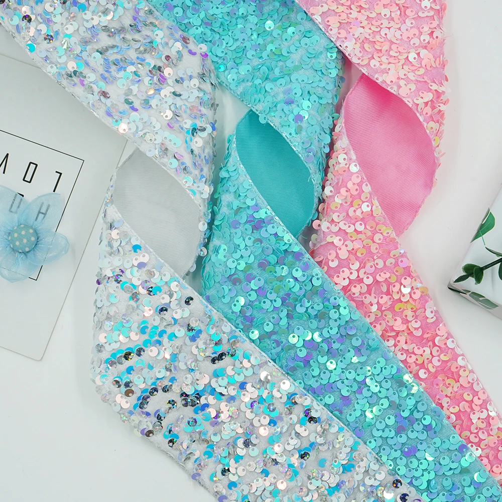 Новый дизайн, лента в рубчик с блестками, 3 дюйма, широкие аксессуары для волос, 75 мм, лента с блестками для девочек, украшение для платья, повязка на голову