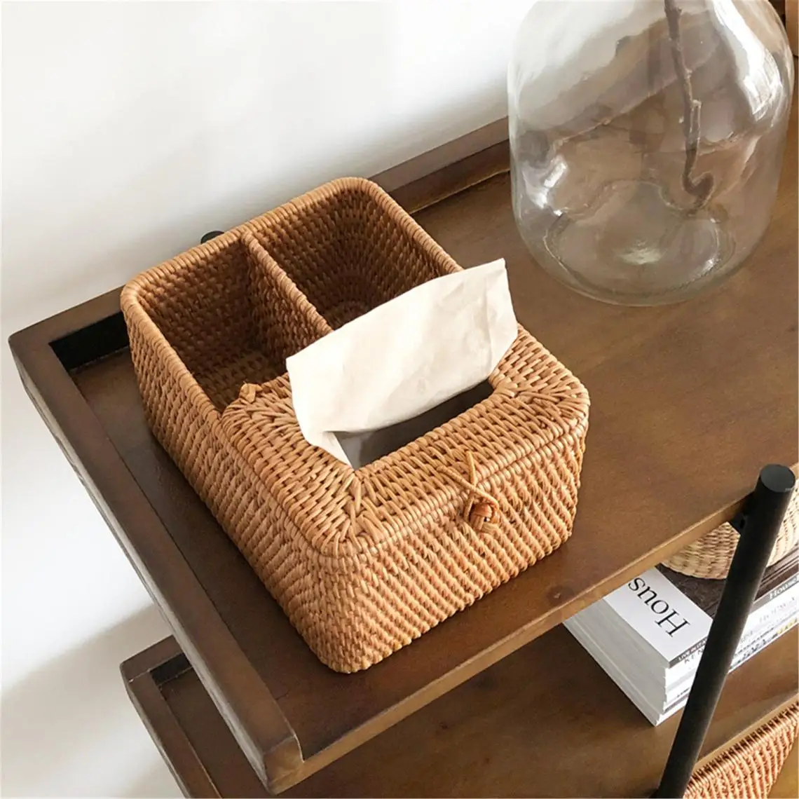 100% natural rattan napkin holder rattan tissue box wicker separated storage basket with lid made in Vietnam