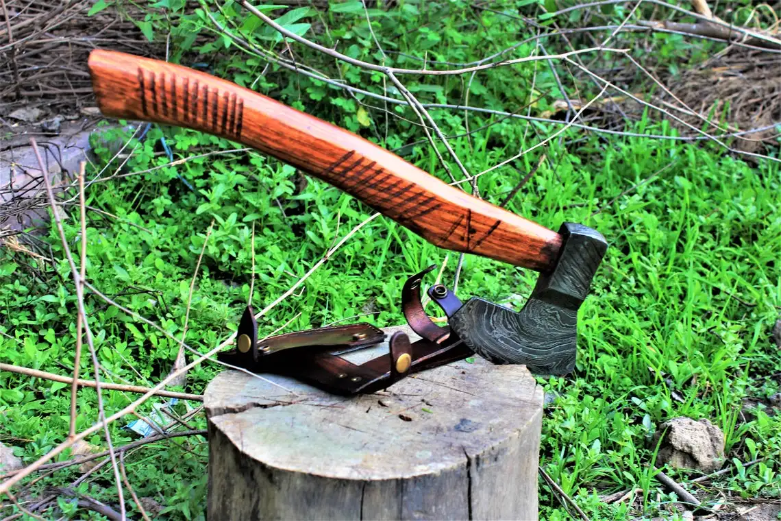 Damascus Steel Axe Handmade Hunting Viking Axe hand carved axe beautiful handle carved