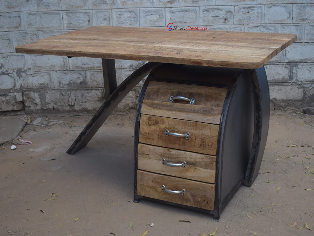 Indian Rustic Vintage Industrial Metal Wood Home Office Furniture Workstation Computer Desk Study Writing Table