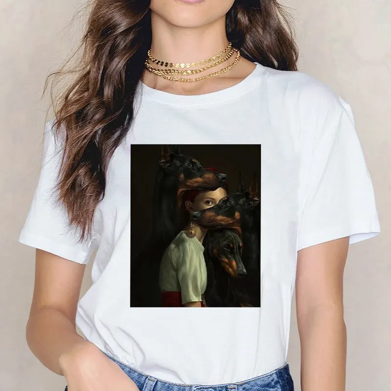 Custom Made Women T-shirt Top Tee Retro Woman and Dog Korean Punk Style Sexy Aesthetics Harajuku Graphic Short Sleeve Jersey