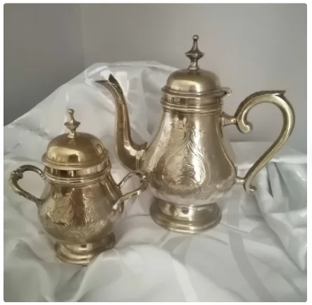 Винтажные EPNS золотые латунные чайные кофейные Кава блестящий золотой набор из 3 выгравированных подарочных наборов на свадьбу корпоративный домашний декор