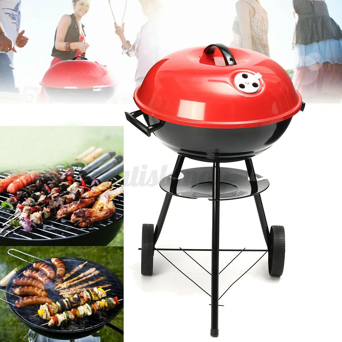 17 inches Porcelain Enameled Kettle Carbon BBQ Grill with 3 Legs and Ash Catcher for Outdoor Picnic Patio Backyard Camping