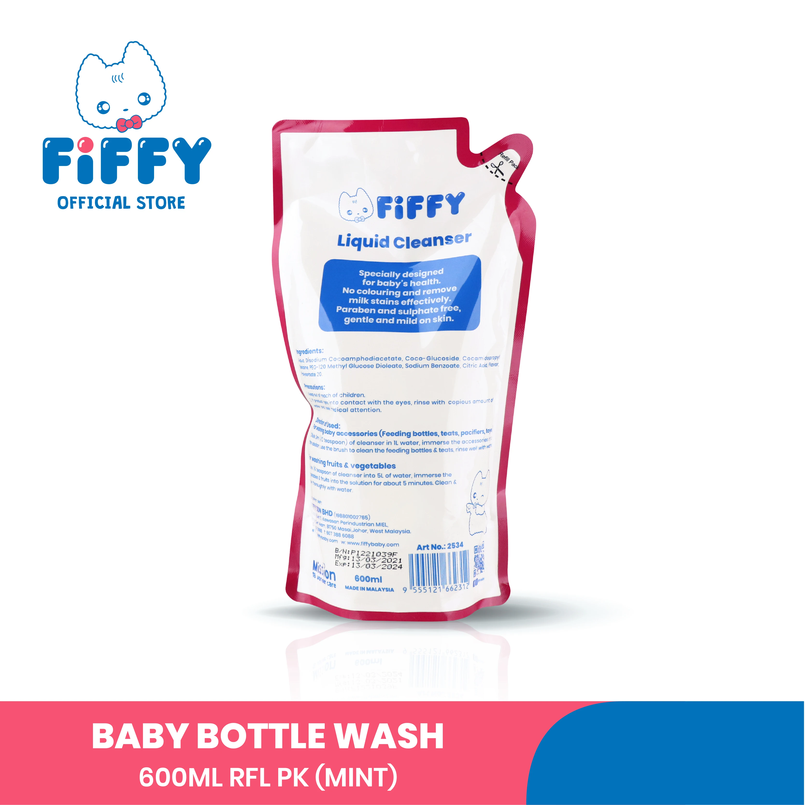 FIFFY Baby Plant based Baby Bottle Wash, Fruit and Vegetable Wash Bottle Liquid Cleanser (Refill Pack)