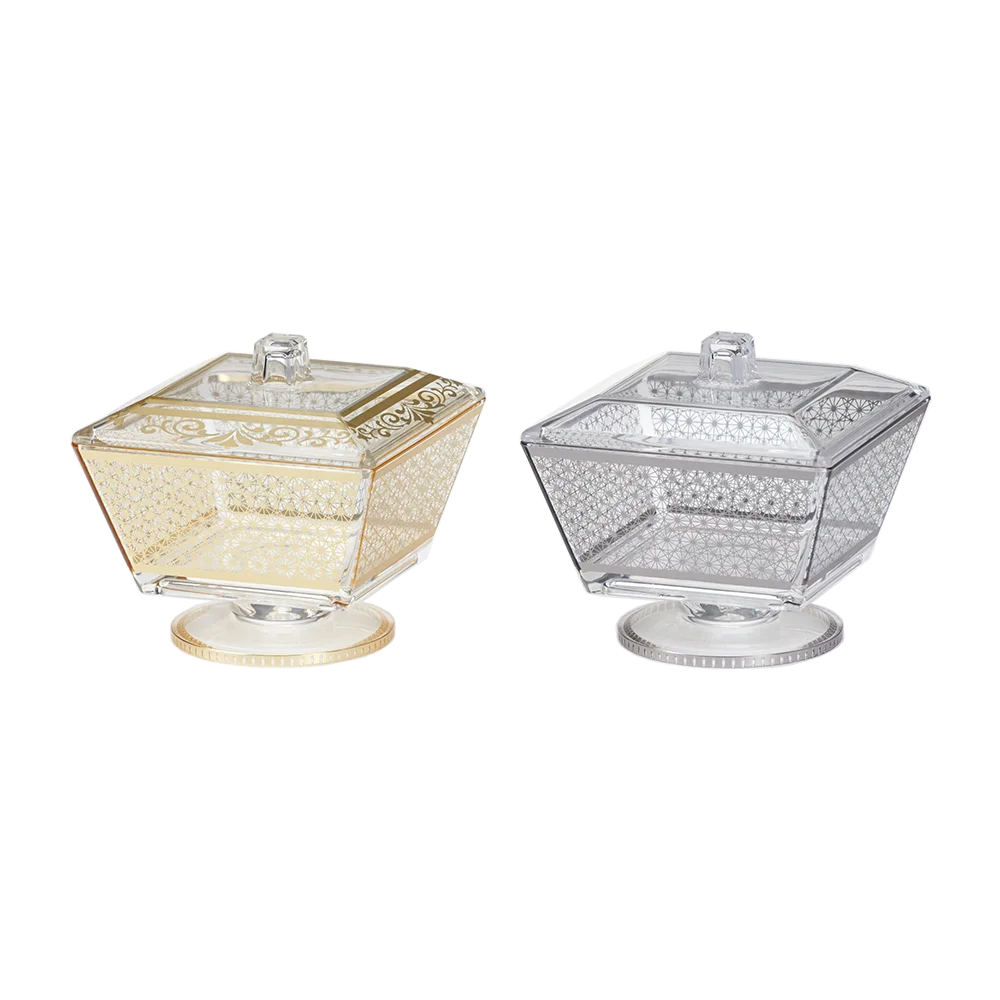 HNA Taiwan Made Plastic Gold Silver Design Square Compote Candy Jar with Stand Cover