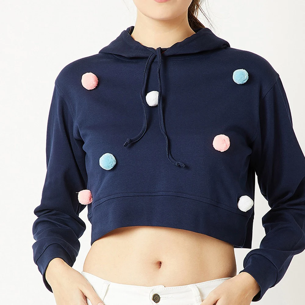 Лидер продаж белый женский укороченный топ из 100% хлопка худи на заказ с длинным рукавом и вырезом