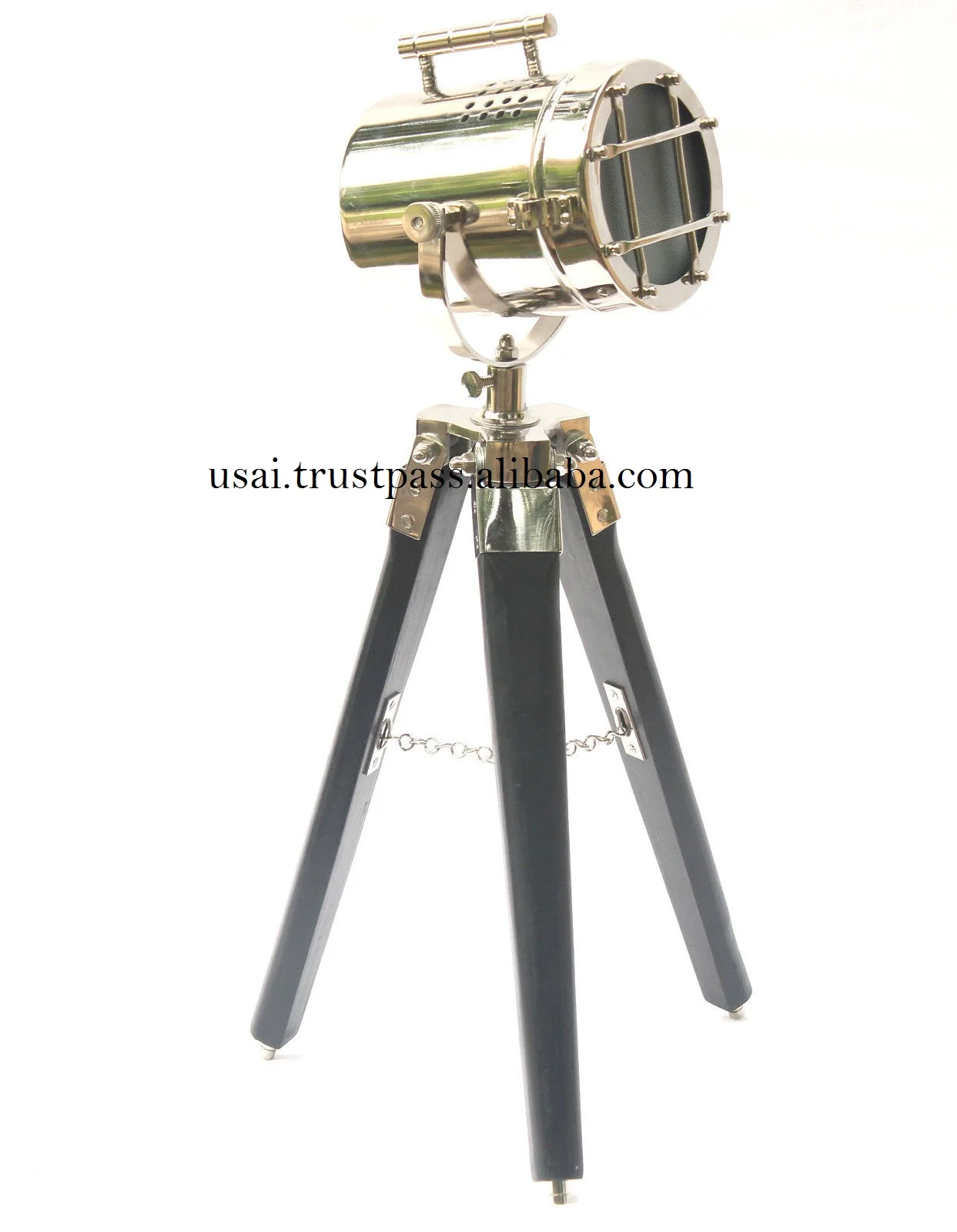 PREMIUM QUALITY NICKEL PLATED SEARCHLIGHT ON WOODEN BLACK TRIPOD STAND ~ NAUTICAL SPOTLIGHT LAMP ON STAND