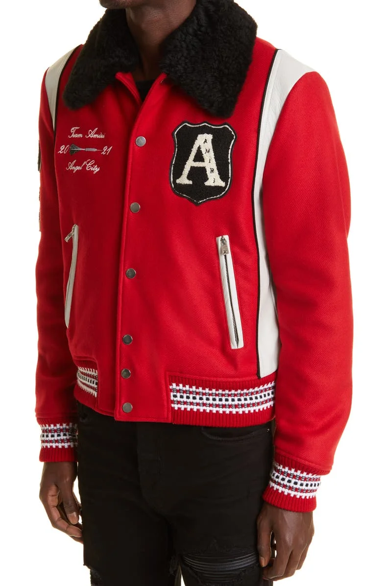 Men varsity jacket new fashion turn down fur collar leather wool fabric chinelle embroidery men baseball letterman jacket