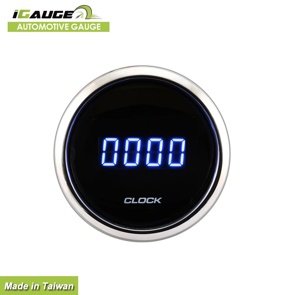 52mm High Accuracy Lightweight black face clear lens Digital blue led display 12v car clock gauge for universal vehicles