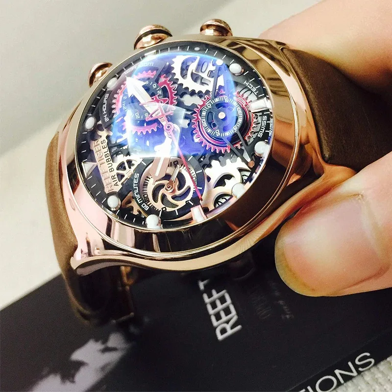 Reef Tiger Mens Sport Watches with Chronograph Skeleton Dial Date Three Counters Luminous Steel Watch RGA792